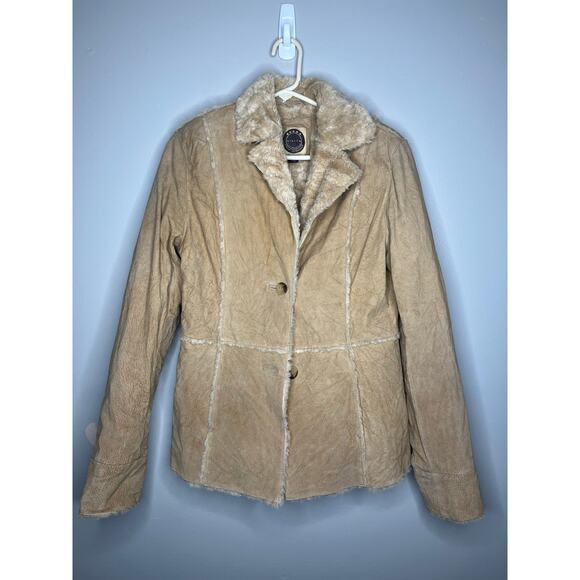 Giacca Y2K Genuine Suede Leather Tan Sherpa Detail Button Front Jacket Size S - Picture 1 of 10